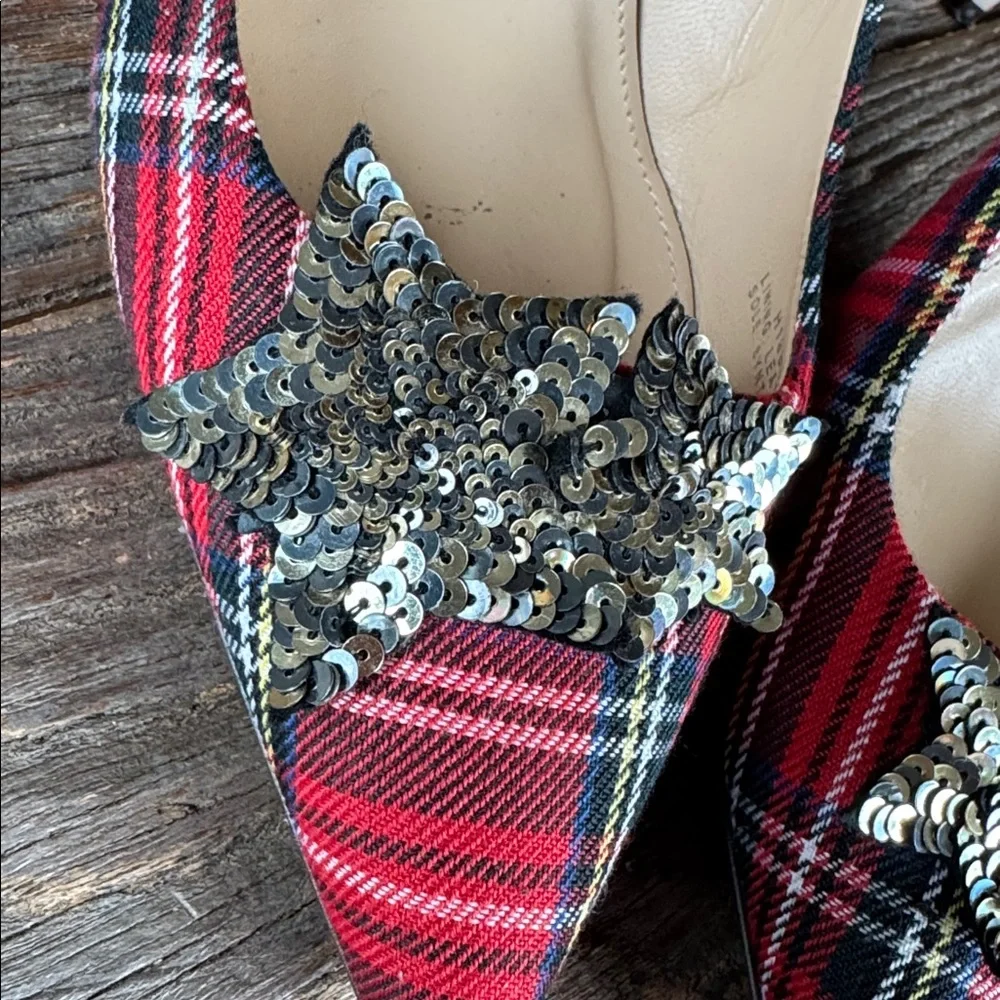 J. crew Lucie tartan plaid heel with‎ sequin star embellishment EUC size 9.5